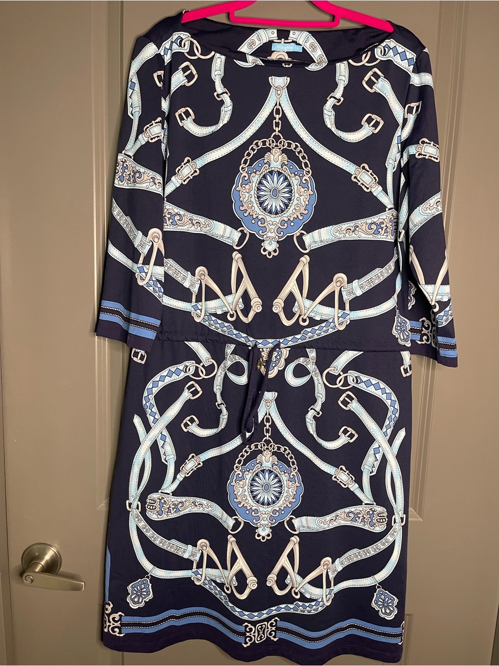Navy Chain-Print Long Sleeve Women’s Dress